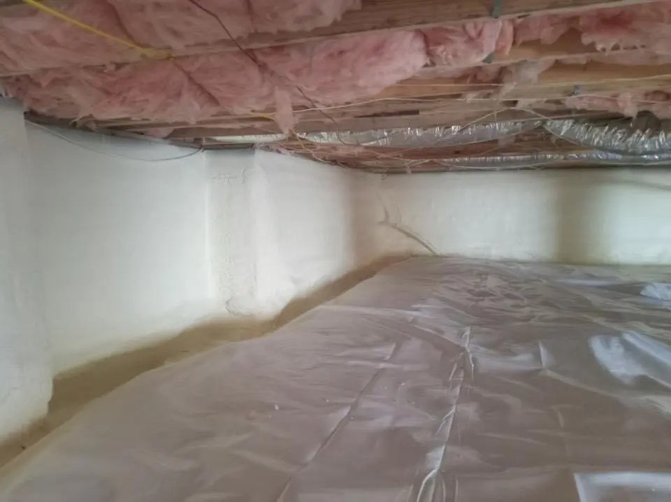 Crawl space encapsulation with closed-cell spray foam for Commercial Roof Restoration in Chico